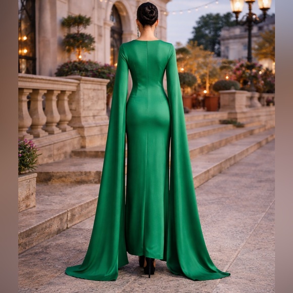 Emerald Green Cape Evening Gown – Luxury Formal, Wedding Guest, Birthday Dress - Picture 2 of 2